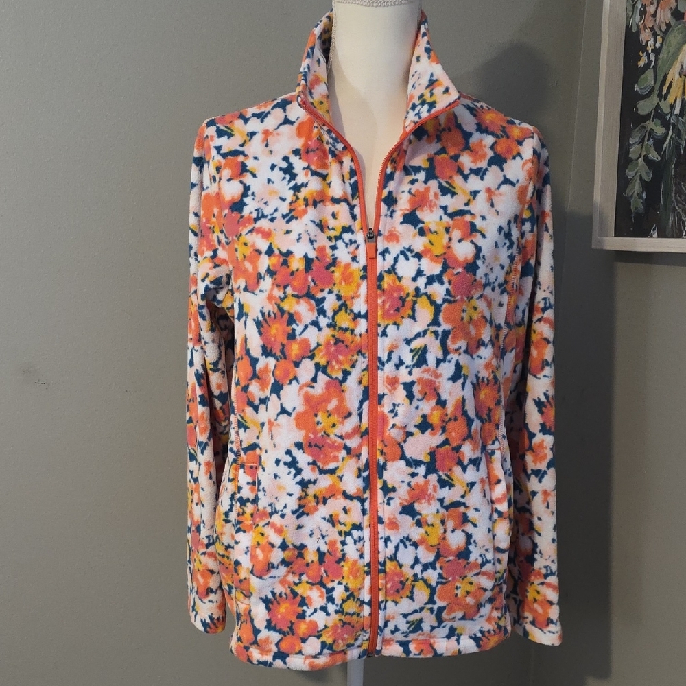 Lands' End Floral Orange Fleece Jacket Size Medium